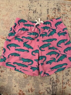 chubbies Pink Swim Shorts with Teal Crocodile Print